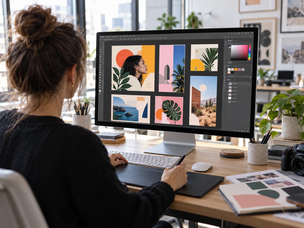 Designer arranging social media ad layouts on a large monitor