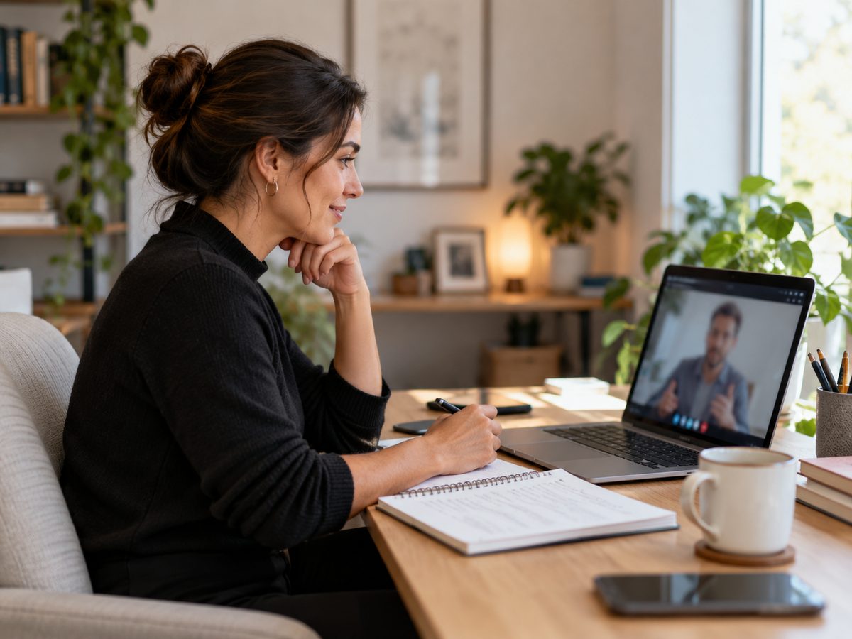 Team member on a video call with a client, with project notes on the desk