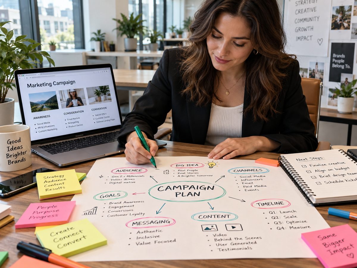 Marketing strategist sketching a campaign plan on paper beside a laptop