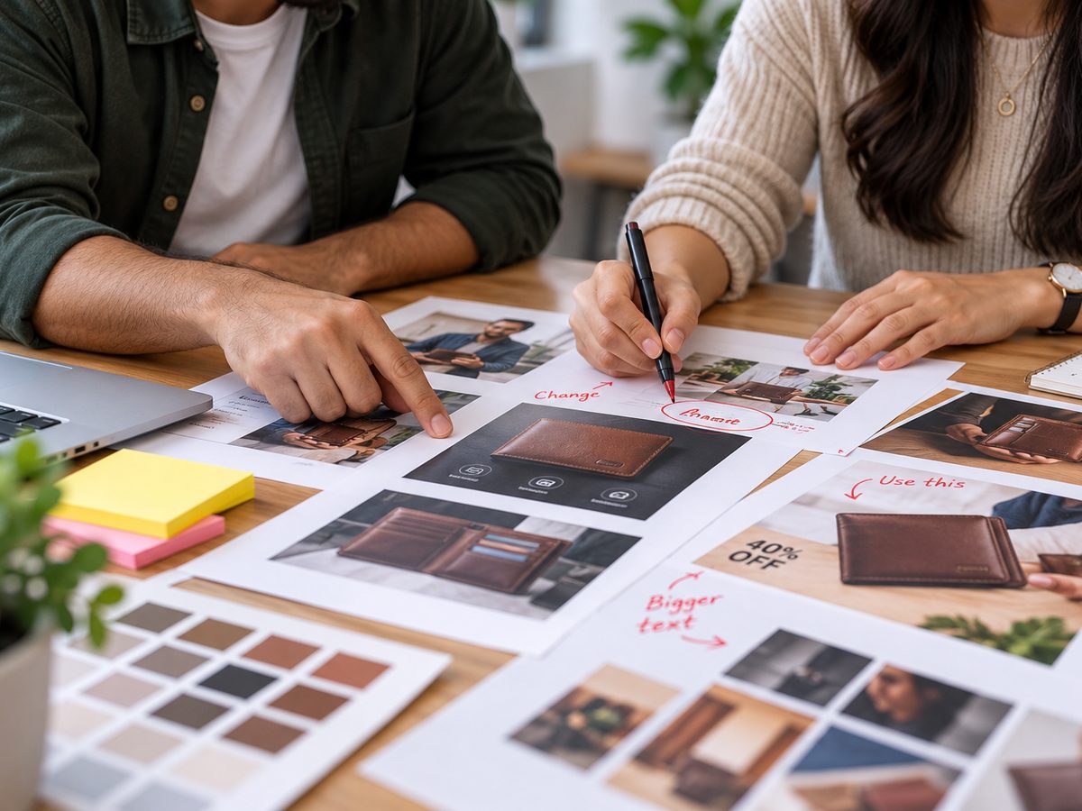 Two people reviewing printed ad drafts and marking feedback with a pen