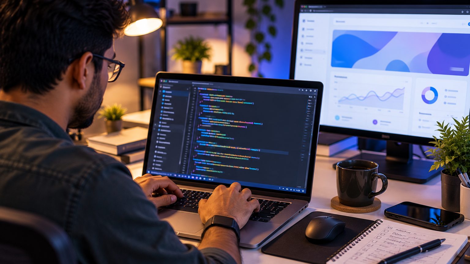 Developer setting up website tags on a laptop with code on screen
