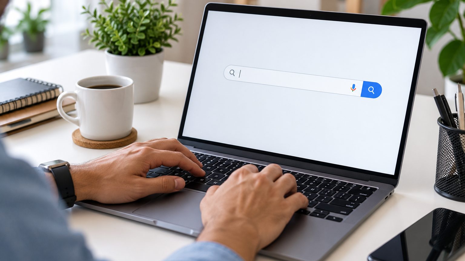 Person typing a search on a laptop at a tidy desk